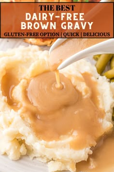 Pouring dairy-free brown gravy over mashed potatoes. Text on image for Pinterest sharing. Dairy Free Low Sodium Recipes, Dairy Free Recipes For Thanksgiving, Dairy Free Gravy Recipe, Dairy Free White Gravy, Gravy Alternative, Gluten Free Beef Gravy, Gluten Free Dairy Free Gravy, Dairy Free Turkey Gravy, Dairy Free Brown Gravy