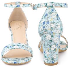 These floral-print heel sandals are sure to be a dazzling look. They feature an open toe, chunky block heels, and ankle straps, which add a touch of cuteness to your look. Designed with chunky block heels, it allows you to walk more comfortably. Pair them with your favorite cocktail dress and colorful accessories for a glamorous party look this season. Great to be a gift for your friend or sister. Spring Open Toe Block Heels With 4-inch Heel, Spring 4-inch Open Toe Block Heels, Blue Block Heels With Stacked Heel For Spring, Blue Floral Print Open Toe Heels, Summer Blue Floral Print Heels, Blue Ankle Strap Block Heels For Spring, Spring Blue Ankle Strap Block Heels, Floral Print High Heel Synthetic Sandals, High Heel Synthetic Sandals With Floral Print