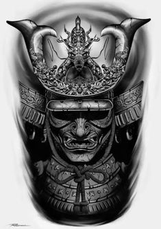 a black and white drawing of a samurai mask