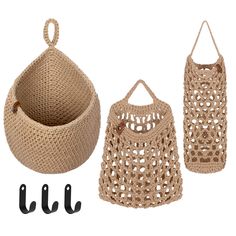 three different types of baskets and hooks on a white background, including one with handles