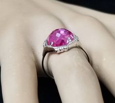 VINTAGE Platinum pink sapphire engagement ring in octagon rose cut CENTER set treated lab grown pink sapphire weight 3.85 CARAT size 10mm GORGEOUS pink sapphire AAA RATED!! CLEAN ,VERY NICE CUT ,AMAZING BRILLIANCE FULL OF FIRE, size 7 Resizable Retail value $3,500 net. Appraisal available Pink Ruby Ring In Platinum, Formal Pink Sapphire Ring With Bezel Setting, Vintage Pink Brilliant Cut Jewelry, Vintage Pink Round Diamond Ring, Pink Octagon Diamond Jewelry, Vintage Pink Jewelry With Brilliant Cut, Antique Pink Diamond Rings, Vintage Pink Brilliant Cut Rings, Vintage Pink Diamond Ring For Formal Occasions