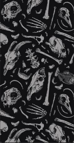 a black and white phone case with skulls, bones, and other things on it