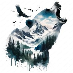 an animal with mountains and birds in the background