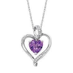 Sterling silver heart pendant with one 8x8 millimeter heart amethyst and fifteen 1 millimeter round lab-created white sapphires 18 inch sterling silver rope chain Purple Sterling Silver Heart Cut Necklace, Purple Heart Cut Sterling Silver Necklace, Purple Heart-cut Sterling Silver Necklace, Purple Heart Necklace For Anniversary, Purple Necklaces With Accent Stones For Anniversary, Purple Diamond Birthstone Necklace, Purple Birthstone Necklace For Anniversary, Purple Necklaces With Diamond Accents For Gift, Amethyst Necklaces With Diamond Accents For Gifts