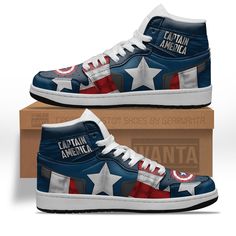 Avenger Captain America J1 Shoes Custom-Gear Wanta Custom Marvel Shoes, Marvel Sneakers, Captain America Shoes, J1 Shoes, Avengers Shoes, Marvel Items, Marvel Decor, Marvel Shoes, Marvel Clothes