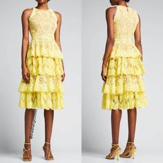 **Actual Color May Slightly Vary Due To Photographic Lighting 100% New And Real Size Xl / Us 10 Color: Yellow Details: Lace Cocktail Dress With A Ruffle-Tiered Skirt. High Neckline. Sleeveless. Hem Falls Below The Knee. Fit-And-Flare Silhouette. Back Zipper. Approx. 19" Pit To Pit And 46" In Length. Sleeveless Yellow Midi Dress With Ruffle Hem, Lace Midi Dress With Ruffles, Knee-length, Yellow Fitted Midi Dress With Ruffles, Yellow Ruffled Knee-length Midi Dress, Chic Midi-length Dresses With Crochet Trim, White Lace Midi Dress, Yellow Lace Dresses, Pinstripe Dress, Embroidered Midi Dress