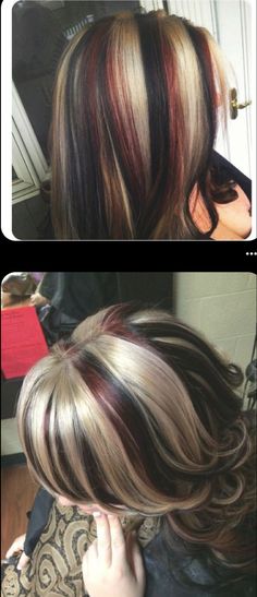 blinde hair with red and black highlights 2018 Hair Trends, Red Blonde And Black Highlights, Brunette Color Highlights, White Chunky Highlights Black Hair, Brown And Red Chunky Highlights, Red Hair Platinum Highlights, Short Hair Skunk Highlights, Black Hair Red Skunk Stripe, Chunky Highlights Black And Blonde