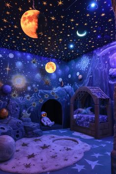 a child's bedroom decorated in blue and purple with stars, moon and planets on the ceiling