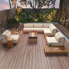 an outdoor living area with wooden flooring and furniture