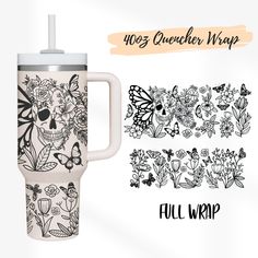 an image of a coffee cup with flowers and butterflies on the front, and a full wrap