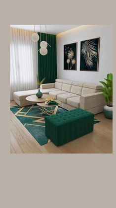 a living room with green and white decor