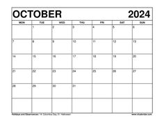 October 2024 Calendar Monday Start 2024 Calendar Printable, Roman Calendar, October Calendar, Indigenous Peoples Day, Calendar Download, All Saints Day, Calendar Templates, 2019 Calendar, Free Printable Calendar