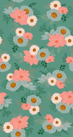 a green background with pink and white flowers on it's sides, all in different colors