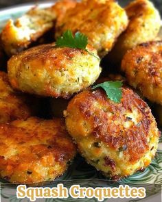 some food is sitting on a plate with the words squash croquettes above it