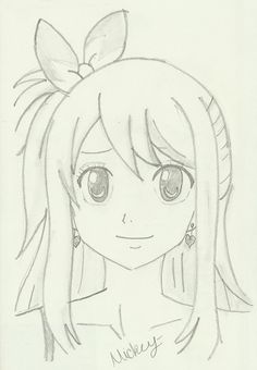 a drawing of a girl with big eyes and a bow in her hair, she is wearing