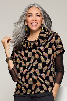 Knit Top - Whether worn layered or on its own, this playfully printed piece is a refreshing alternative to a plain black funnel neck top. Black Cowl Neck Top For Spring, Black Spring Cowl Neck Tops, Black High Neck Knit Top For Spring, Multicolor Turtleneck Tops For Fall, Casual Multicolor High Neck Tops, Black Jacquard Knit Top For Spring, Black Jacquard Knit Tops For Fall, Black High Neck Knit Top For Layering, Black High-neck Knit Top For Layering