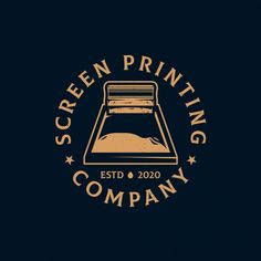 the screen printing company logo is shown on a dark blue background with gold and white lettering