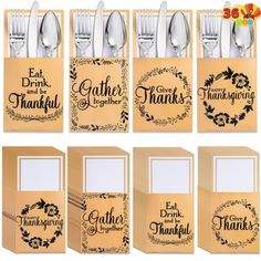 a set of six thanksgiving place cards with silverware