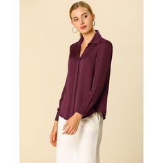 The smooth, soft, and minimalist design updates this collared no-buttons shirt for understated charm. This seriously chic long-sleeve shirt is the perfect way to elegantly elevate any outfit. This simple shirt is an elegant take on a wardrobe classic, featuring a stylish v-neckline. The charm of women is shown perfectly at this moment. In a red smooth fabric, this can be styled up or down whatever the occasion. Just tuck the front into black or white pants for an office day. Womens Work Shirt, Office Elegant, Plus Size Summer Tops, Women's Office, Blouse Elegant, Womens Office, Wardrobe Classic, Silky Blouse, Satin Shirt