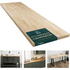 a wooden counter top sitting on top of a kitchen floor next to a sink and cabinets