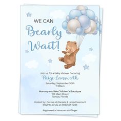 a baby shower is shown with balloons and a teddy bear flying in the sky above it