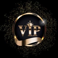 gold and black logo with the word'vlp'on it, surrounded by confetti