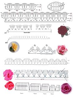 the diagram shows how to make crochet flowers with different sizes and colors on them