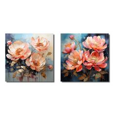 two paintings of pink flowers on a blue background