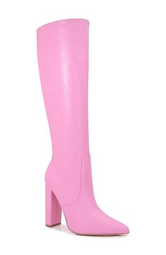 A pointed toe and wrapped block heel balance a boot shaped in a knee-high silhouette for bold appeal. 3" heel 15" shaft; 16" calf circumference Synthetic upper, lining and sole Imported Pink Knee-high Boots For Fall, Pink Leather Fitted Knee-high Boots, Pink Wide Calf Knee-high Boots, Chic Pink Knee-high Boots, Pink Fitted High Heel Knee-high Boots, Mid Calf, Boot Shoes Women, Knee High Boots, Nordstrom Rack