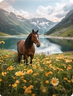 a brown horse standing on top of a lush green field next to a lake filled with yellow flowers