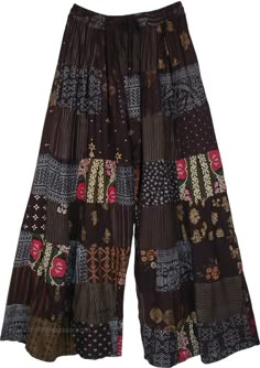 These 70s boho chic black pants ring the bell for the season! With their assorted patterned patchwork style, these pants are made of recycled fabric and so environment-friendly and absolutely unique. A comfortable loose wide-leg style with an elastic drawstring waist, you can lounge around in them or even go traveling! The dark black background is enhanced with patchwork in multiple colors, pieced together in random patchwork and complementing each other making the overall look very stylish. #tl Black Patchwork Bottoms For Festival, Bohemian Black Patchwork Bottoms, Chic Black Pants, Boho Trousers, Nature Clothes, Thrifting Manifestation, Hippie Things, Dark Hippie, Black Hippie