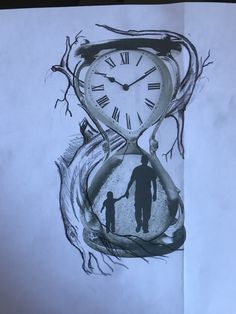 a drawing of a father and son holding hands in front of an hour - hand clock