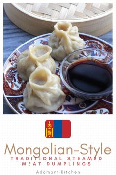 a plate with dumplings and sauce on it