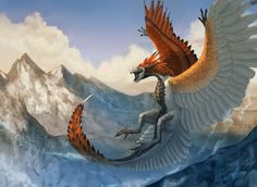 an orange and white dragon is flying over the water with mountains in the back ground