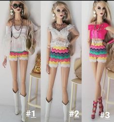 three pictures of a barbie doll in different outfits