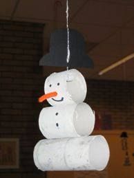 an image of a snowman made out of toilet paper rolls hanging from the ceiling