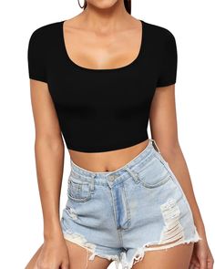 Scoop Top Outfit, Short Crop Top Outfits, Scoop Neck Top Outfit, Crop Tops And Jeans, Crop Top With Shorts, Black Top Outfit, Scoop Neck Tshirt, Crop Tops For Women, Scoop Neck Crop Top