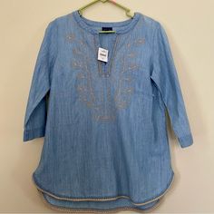 J. Jill Denim Very Soft Embroidered Pattern Half Sleeve Blouse Size Xs New With Tags Blue And Yellow Ships From A Smoke Free Home Embroidered Medium Wash Tops With Relaxed Fit, Embroidered Medium Wash Top With Relaxed Fit, Embroidered Relaxed Fit Top, Embroidered Relaxed Fit Medium Wash Top, Relaxed Fit Embroidered Medium Wash Tops, Summer Embroidered Blue Denim Top, Spring Embroidered Light Wash Tops, Embroidered Denim Blue Top For Summer, Light Wash Embroidered Tops For Spring