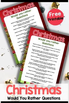 two christmas cards with the words, would you rather have questions? and free printables