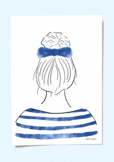 a drawing of a woman's head with a blue bow in her hair, on top of a white background