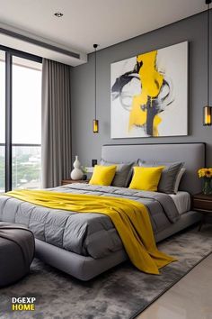 a bedroom with grey walls and yellow pillows on top of the bed, along with large windows