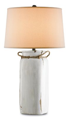 a table lamp with a white ceramic jar on the base and a beige linen shade