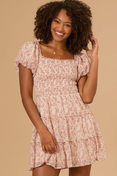 Featuring a delicate floral print and flattering puff sleeves, this dress is perfect for any occasion. The smocked bodice offers a comfortable, flattering fit, while the mini length keeps it fresh and modern. Altars State, Church Dresses For Women, Skirts With Boots, Church Dresses, Event Outfit, Altar'd State, Floral Mini Dress, Dress Romper, Dress With Boots