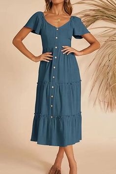 Vacation Sundress, Short Sleeve Midi Dress, 2024 Spring Summer, Dress With Short Sleeves, Linen Short, Midi Short Sleeve Dress, Sleeve Midi Dress, Fashion Toys, Button Dress