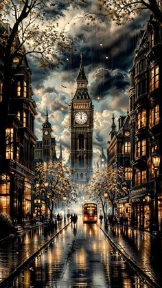 the big ben clock tower towering over the city of london in the rain at night