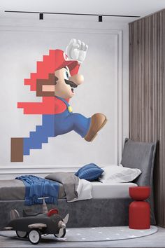 a bedroom with mario running on the wall