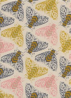 an image of a pattern with moths on the fabric in pink, yellow and blue