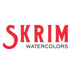 the skrim watercolors logo is shown in red and black on a white background