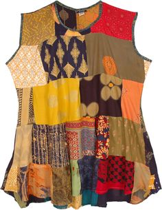 A mixed-print patchwork sleeveless dress top with breathable rayon fabric for Spring to Fall.  It is an easy casual pull-over style summer dress that is unique in every piece as it's made from recycled rayon; it can be dressed up or down. #tlb #Sleeveless #Patchwork #bohemianfashion #Patchworkrayondress #Bohemiandress #summerfundress Sleeveless Patchwork Dress For Festivals, Sleeveless Patchwork Tops For Beach, Sleeveless Patchwork Beach Tops, Multicolor Mixed Print Sleeveless Dress, Multicolor Sleeveless Dress With Mixed Print, Hippie Sleeveless Patchwork Tops, Sleeveless Cotton Patchwork Dress, Casual Sleeveless Dress With Mixed Print, Casual Sleeveless Mixed Print Dress