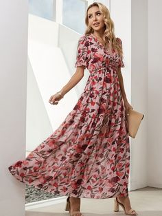 Elegant Floral Print V Neck Dress, Short Sleeve Ankle Dress, Casual Every Day Dress, Women's Clothing Non-stretch Chiffon Maxi Dress With Short Sleeves, Chiffon Maxi Dress With Short Sleeves, Non-stretch, Non-stretch Floral Print Maxi Dress With Short Sleeves, Non-stretch Short Sleeve Maxi Dress With Floral Print, Red Short Sleeve Feminine Maxi Dress, Feminine Red Short Sleeve Maxi Dress, Ankle Dress, Dress Short Sleeve, Elegant Floral